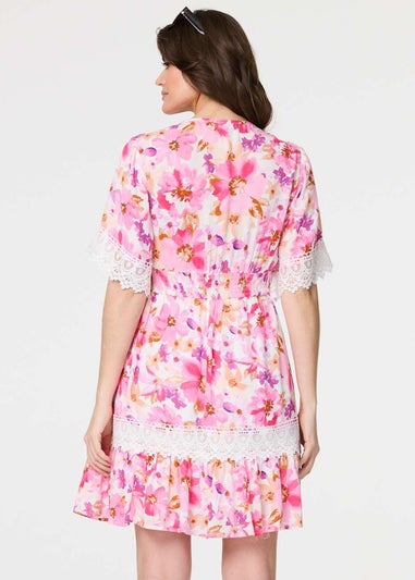 Izabel London Pink Floral Lace 1/2 Sleeve Short Dress