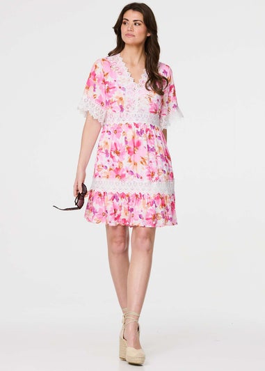 Izabel London Pink Floral Lace 1/2 Sleeve Short Dress