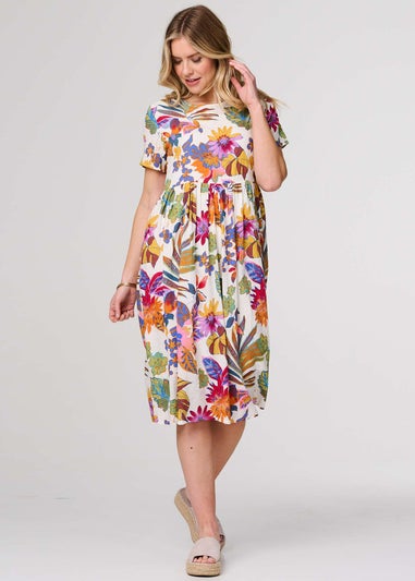 Izabel London White Floral Short Sleeve Relaxed Midi Dress