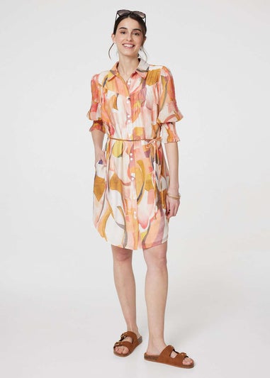 Izabel London Orange Printed 3/4 Puff Sleeve Shirt Dress