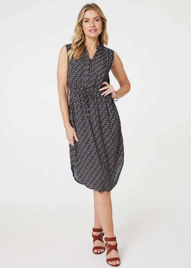 Izabel London Navy Geo Print Sleeveless Zip Front Midi Dress