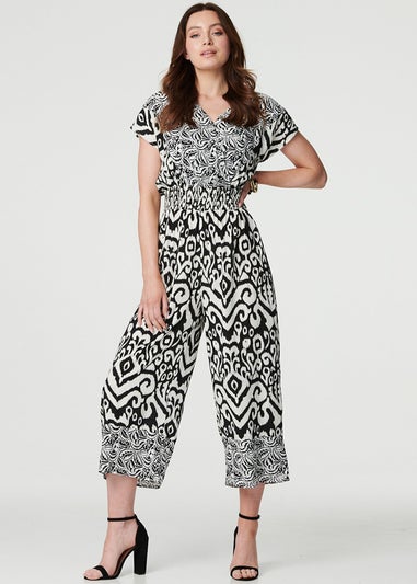 Izabel London White Ikat Print Shirred Waist Jumpsuit