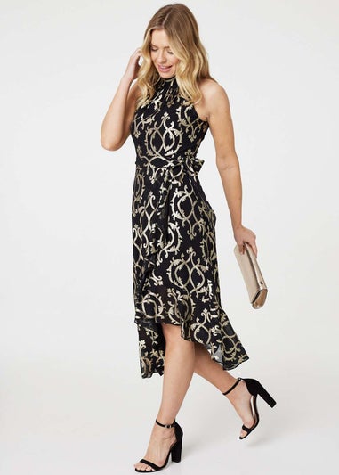 Izabel London Black Printed High Low Halter-Neck Midi Dress