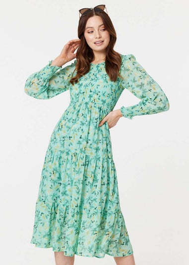 Izabel London Green Floral Long Sleeve Midi Smock Dress