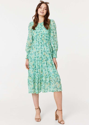 Izabel London Green Floral Long Sleeve Midi Smock Dress