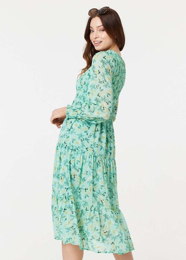 Izabel London Green Floral Long Sleeve Midi Smock Dress