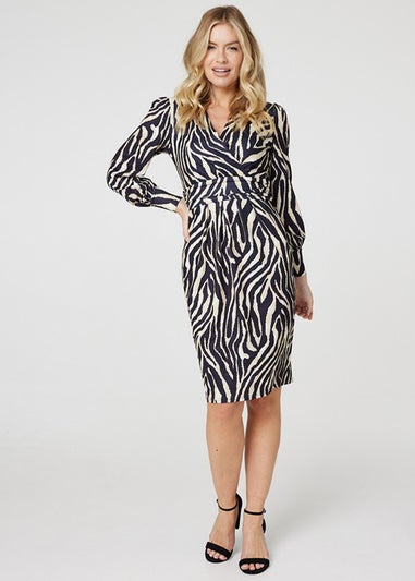 Izabel London Black Zebra Print Long Sleeve Wrap Dress