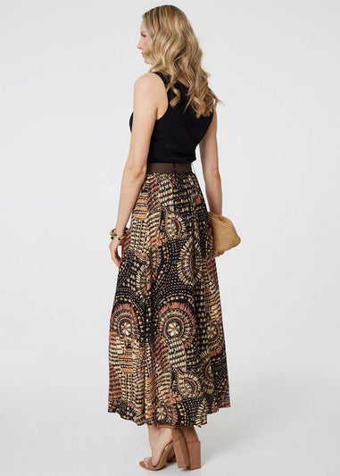 Izabel London Black Aztec Print A-Line Belt Maxi Skirt