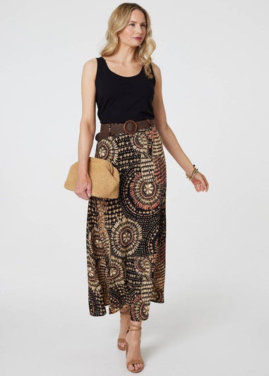 Izabel London Black Aztec Print A-Line Belt Maxi Skirt