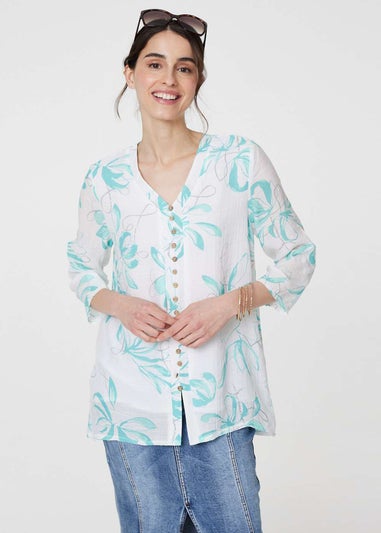 Izabel London Turquoise Floral Turn-Up Sleeve Longline Shirt