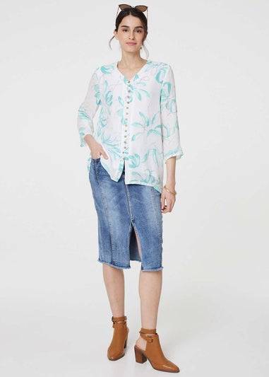 Izabel London Turquoise Floral Turn-Up Sleeve Longline Shirt