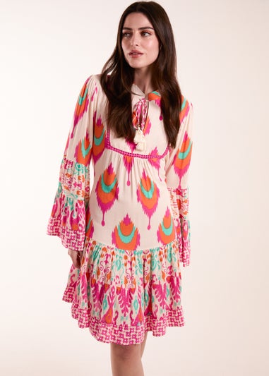 Blue Vanilla Multi Printed Long Sleeve Tie Front Smock Dress