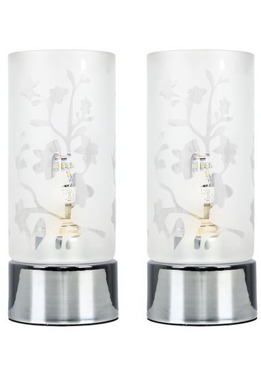 ValueLights Silver Pair of Florette Cylinder Touch Lamps (38cm x 9cm x 9cm)