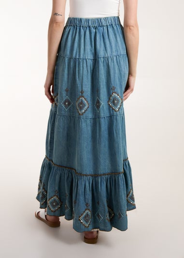 Blue Vanilla Blue Denim Embroidered Tiered Skirt