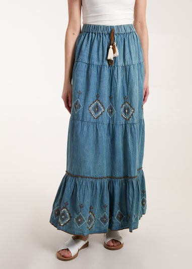 Blue Vanilla Blue Denim Embroidered Tiered Skirt