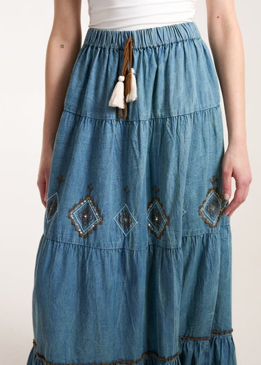 Blue Vanilla Blue Denim Embroidered Tiered Skirt