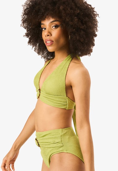 Gini London Sage Green Textured Halter Bikini Top With Ring Belt Detail