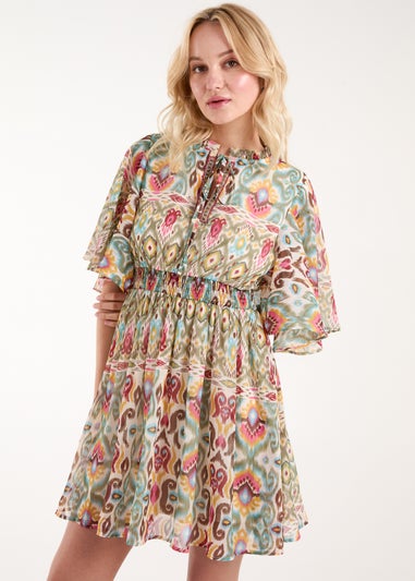 Blue Vanilla Green Aztec Tiered Printed Shirt Dress