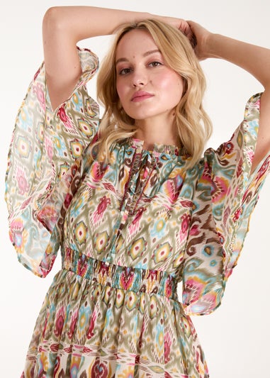 Blue Vanilla Green Aztec Tiered Printed Shirt Dress