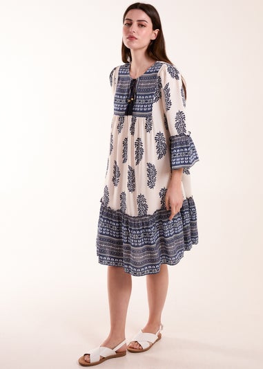 Blue Vanilla Blue Mix Print Smock Dress With Tassel