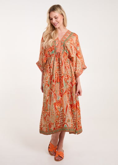 Blue Vanilla Orange Embellished Kimono Midi Dress