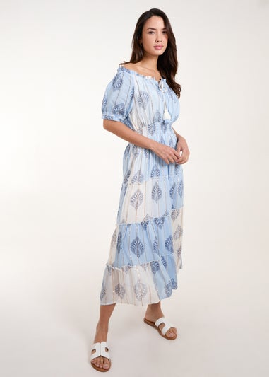 Blue Vanilla Blue Printed Bardot Tassel Midi Dress