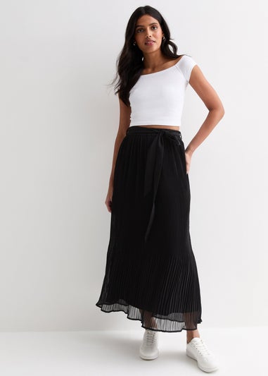 Gini London Black Pleated Belt Detail Midi Skirt