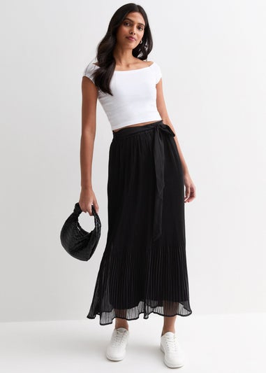 Gini London Black Pleated Belt Detail Midi Skirt