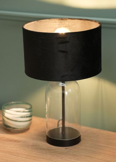 ValueLights Jessy Glass Table Lamp Black Velvet Shade (41cm x 25cm)