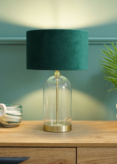 ValueLights Jessy Glass Table Lamp Forest Green Velvet Shade (41cm x 25cm)