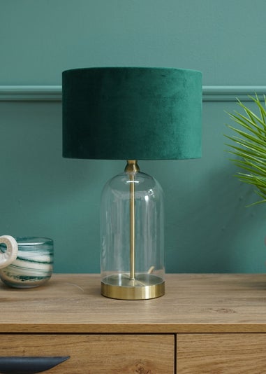 ValueLights Jessy Glass Table Lamp Forest Green Velvet Shade (41cm x 25cm)