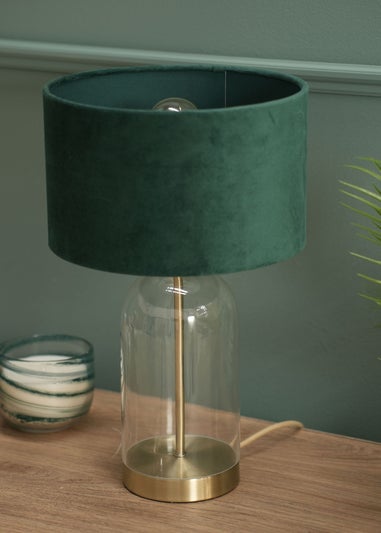 ValueLights Jessy Glass Table Lamp Forest Green Velvet Shade (41cm x 25cm)