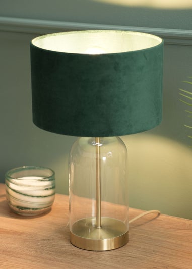 ValueLights Jessy Glass Table Lamp Forest Green Velvet Shade (41cm x 25cm)