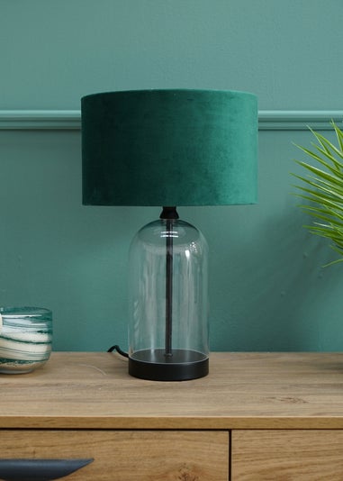 ValueLights Jessy Glass Table Lamp Green Velvet Shade (41cm x 25cm)