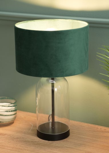 ValueLights Jessy Glass Table Lamp Green Velvet Shade (41cm x 25cm)