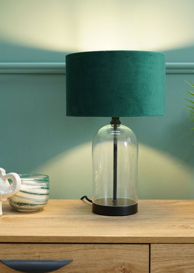 ValueLights Jessy Glass Table Lamp Green Velvet Shade (41cm x 25cm)