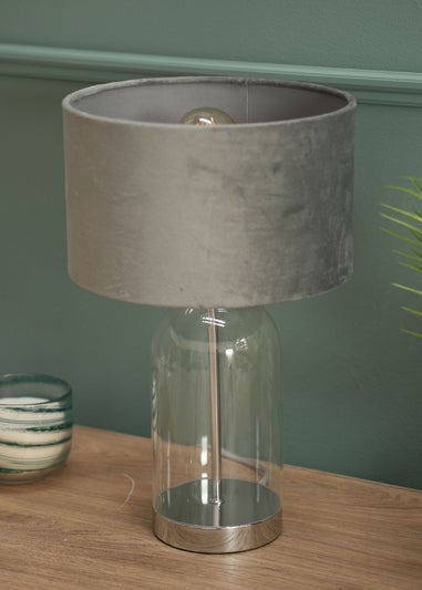 ValueLights Jessy Glass Table Lamp Grey Velvet Shade (41cm x 25cm)