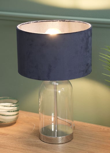 ValueLights Jessy Glass Table Lamp Navy Velvet Shade (41cm x 25cm)