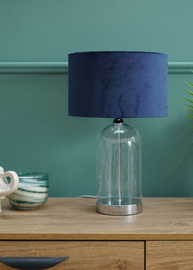 ValueLights Jessy Glass Table Lamp Navy Velvet Shade (41cm x 25cm)