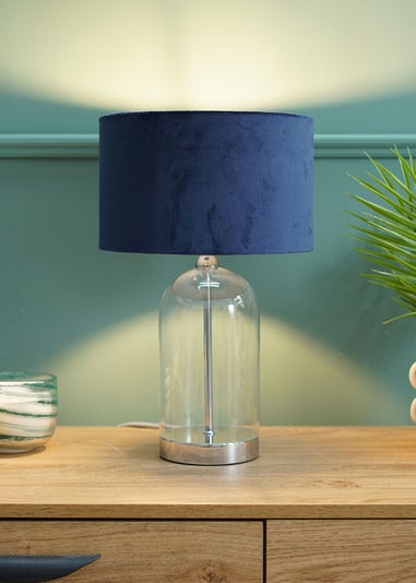 ValueLights Jessy Glass Table Lamp Navy Velvet Shade (41cm x 25cm)