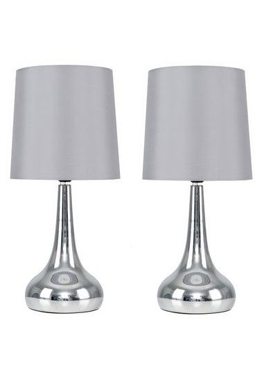 ValueLights Pair Of Chrome Teardrop Table Lamps Grey Shades (34cm x 16cm x 16cm)