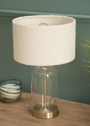 ValueLights Jessy Gold Glass Table Lamp Cream Boucle Shade (41cm x 25cm)