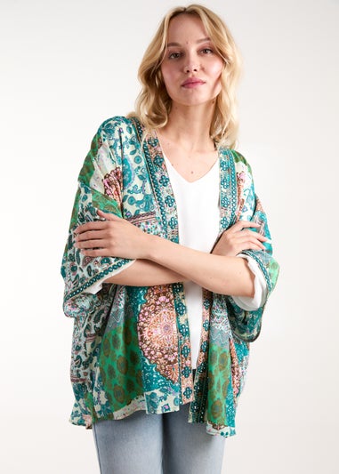 Blue Vanilla Green Embellished Kimono