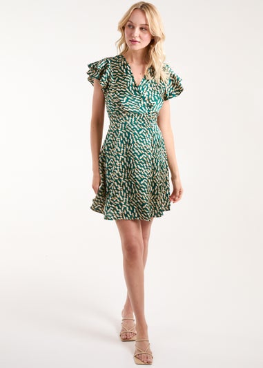 Blue Vanilla Green Wrap Ruffle Mini Dress