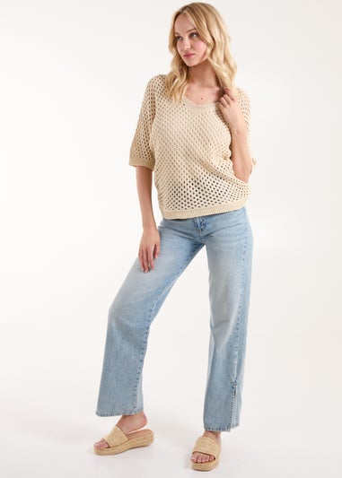 Blue Vanilla Stone Cotton Crochet V-Neck Top