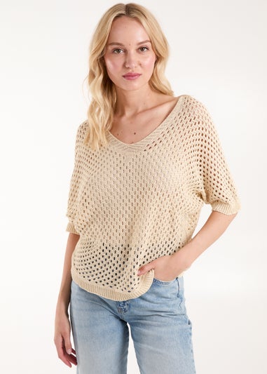 Blue Vanilla Stone Cotton Crochet V-Neck Top