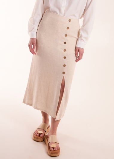 Blue Vanilla Stone Linen Button Front Midi Skirt