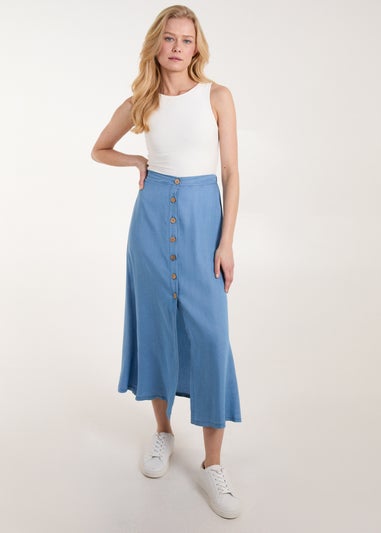 Blue Vanilla Blue Tencel Button Front Midi Skirt - Matalan