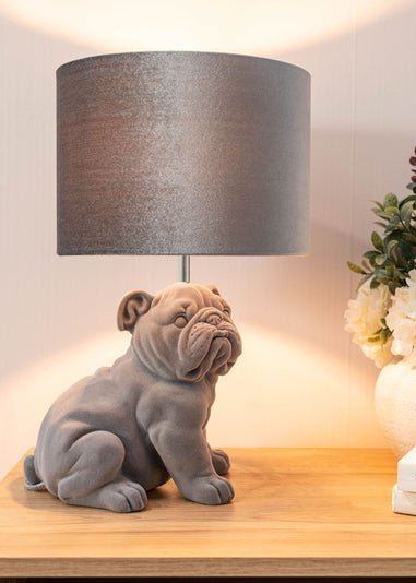 ValueLights Billy Grey Velvet Bulldog Table Lamp (46.5cm x 28cm x 28cm)