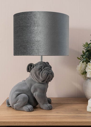 ValueLights Billy Grey Velvet Bulldog Table Lamp (46.5cm x 28cm x 28cm)